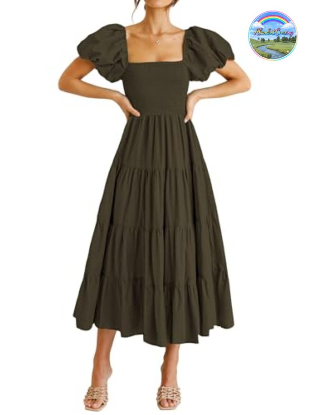 Women's Smocked Midi A-Line Dress Short Puff Sleeve Square Neck Open Back